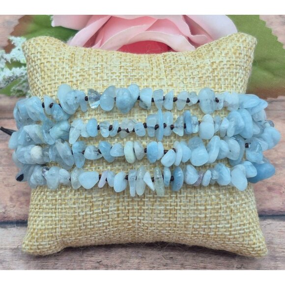 Muti Strand Natural Blue Aquamarine Chip Stone Bracelet Boho Hippie Nature Lover - Picture 2 of 9